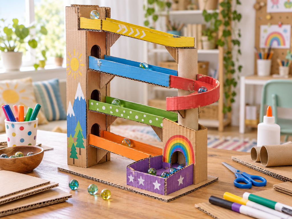 Colorful Cardboard Marble Run Creation