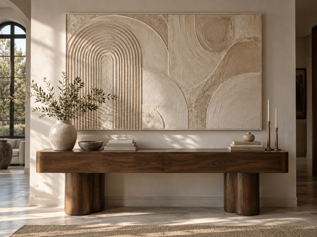 Warm Minimalist Entryway with Textured Art